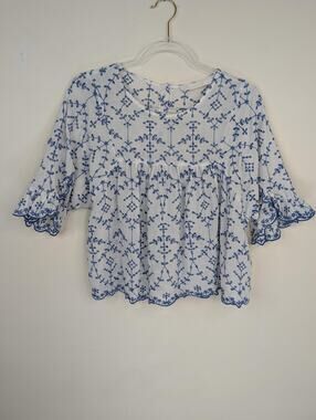Zara Trafaluc Embroidered Blouse Womens Large White Blue Boho Cottagecore Boho